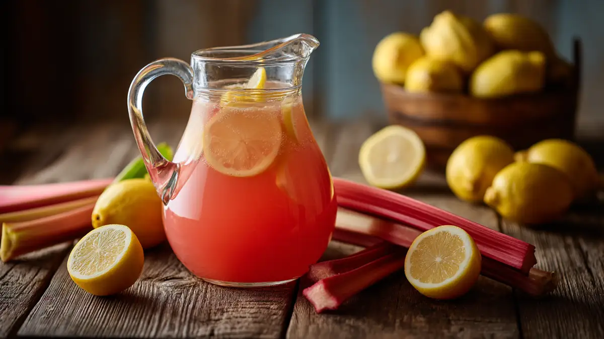 rhubarb lemonade recipe in a glass pitcher with lemon slices on a dark wood table