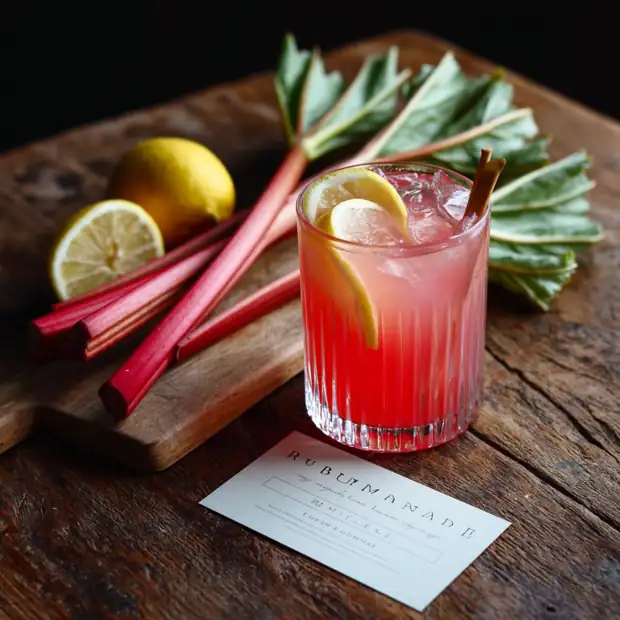 rhubarb lemonade recipe card on dark wooden table with glass of lemonade