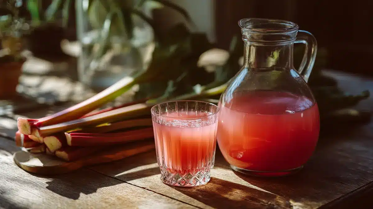 Rhubarb shrub drink served in elegant cup with large carafe on rustic kitchen table