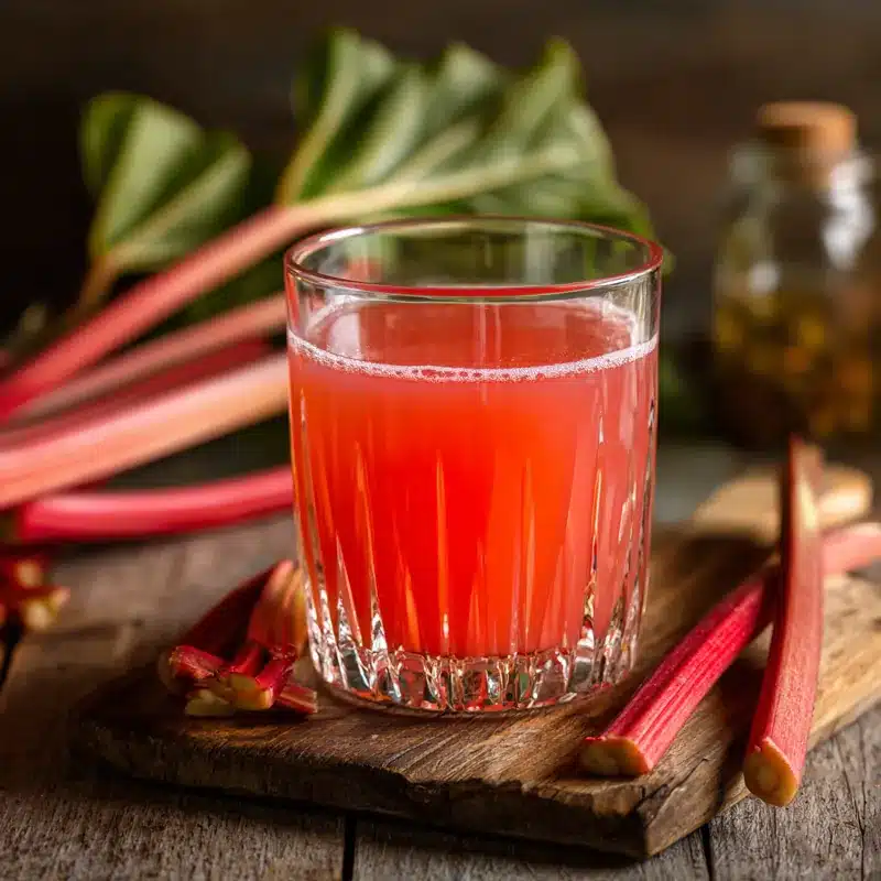 Rhubarb shrub drink in glass tumbler with fresh rhubarb on wooden table