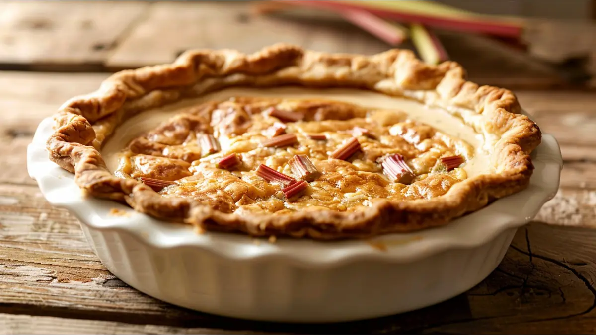 Crustless rhubarb custard pie in a white ceramic dish on rustic wooden table, golden top with baked rhubarb pieces