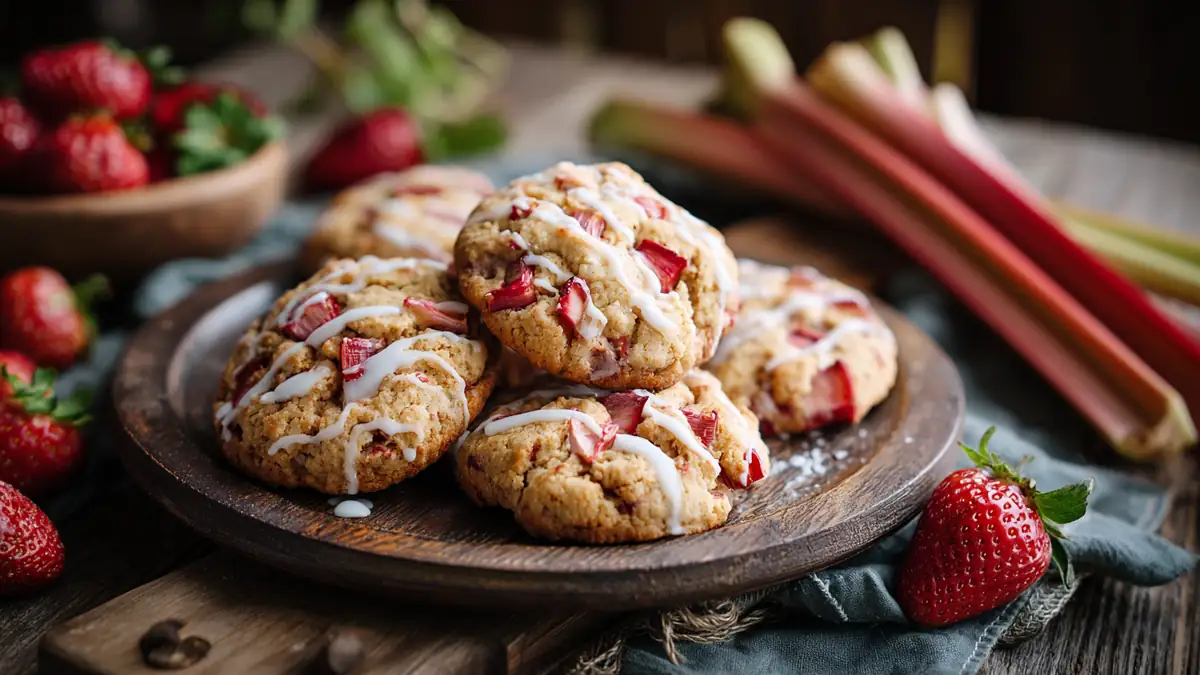 Featured image of strawberry rhubarb cookies with lemon glaze on rustic table