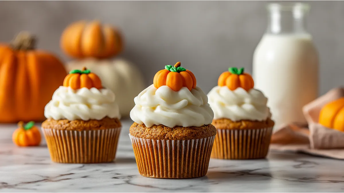 Pumpkin Apple Cupcakes for Fall topped with cream cheese frosting and fondant pumpkins on a marble surface, styled as a cozy autumn dessert for Thanksgiving.