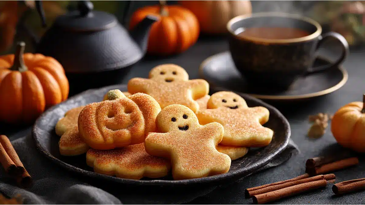 Wide-angle feature image of pumpkin spice cookies shaped like pumpkins and ghosts on a rustic black plate, styled with tea, mini pumpkins, and cinnamon sticks for a cozy fall scene.