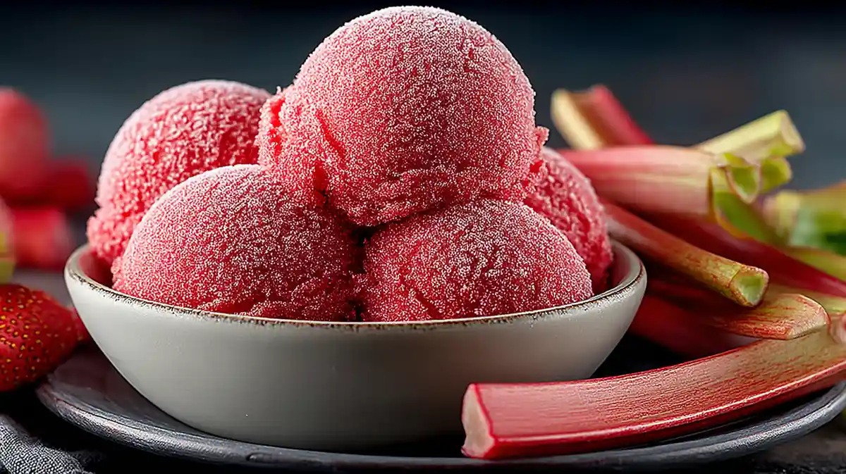 Featured image of rhubarb sorbet scoops in a ceramic bowl with rhubarb stalks