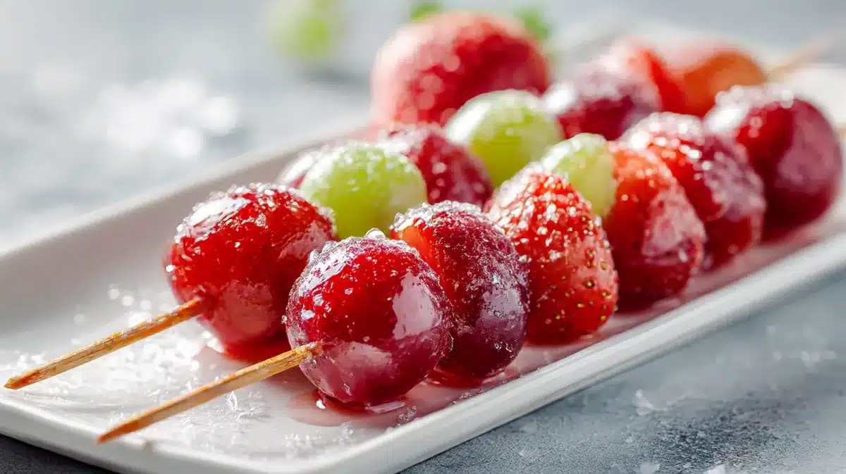 Close-up of colorful Tanghulu candied fruit skewers with strawberries and grapes coated in shiny sugar glaze on a white plate.