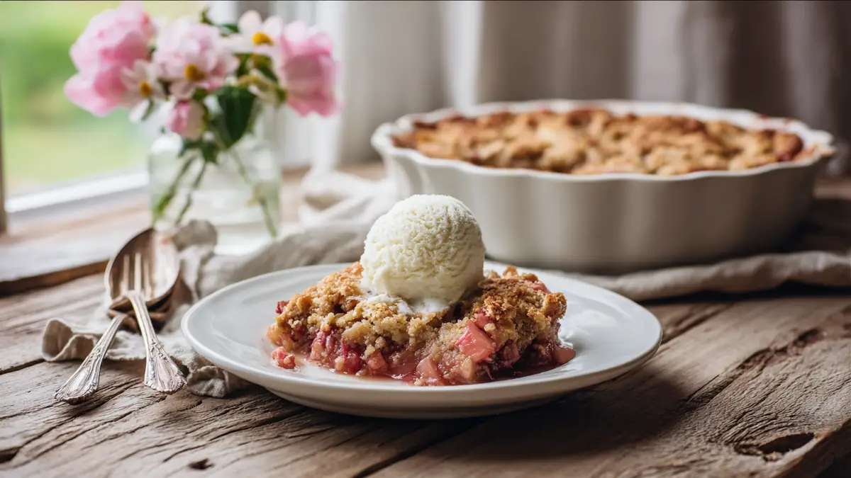 Slice of rhubarb dump cake on a white round plate with full cake in background
