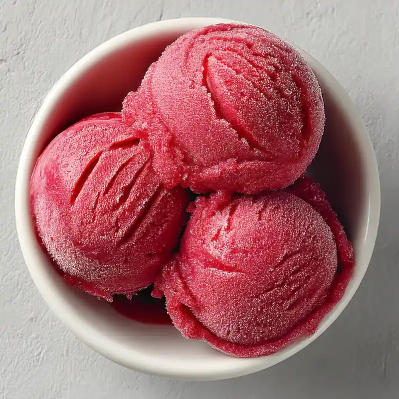 Rhubarb sorbet scoops in white bowl on clean background