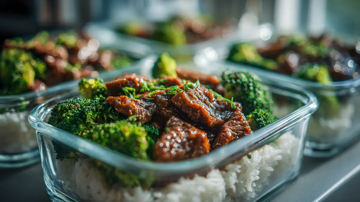 High-protein beef and broccoli meal prep bowls in glass containers with rice, photographed close-up on a clean white surface.