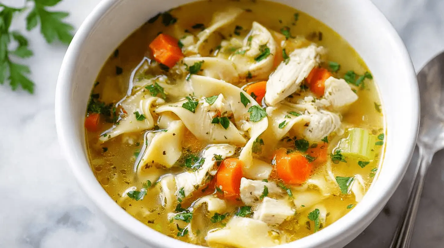 Close-up of a steaming bowl of homemade chicken noodle soup, perfect for a comforting chicken noodle soup recipe.