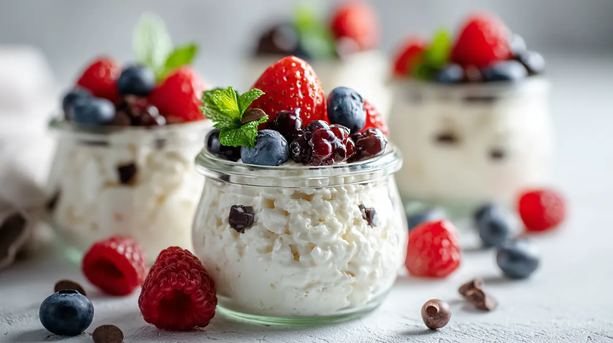 Creamy blended cottage cheese dessert cups topped with fresh berries and chocolate chips in clear glass jars.