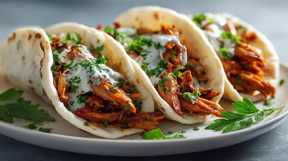 Juicy beef doner kebab tacos filled with crisp veggies and creamy yogurt sauce, served in soft tortillas for a fresh fusion meal.