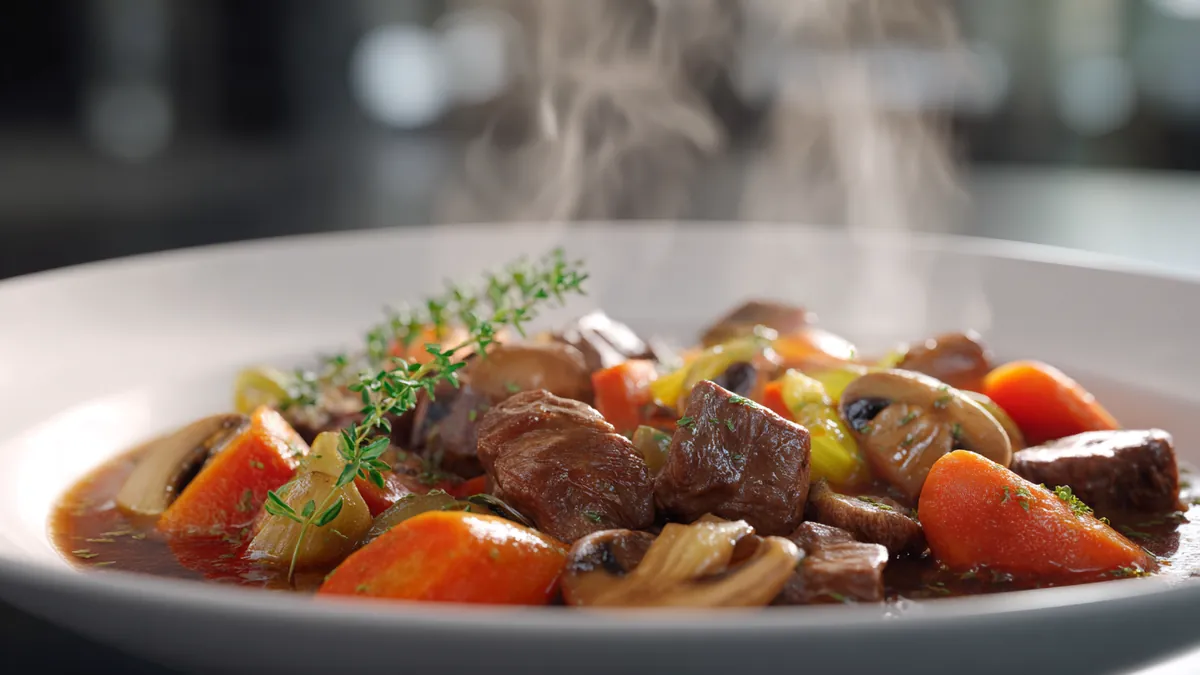 Hearty beef and mushroom stew in a modern white bowl with tender beef, vegetables, and fresh thyme in rich broth.