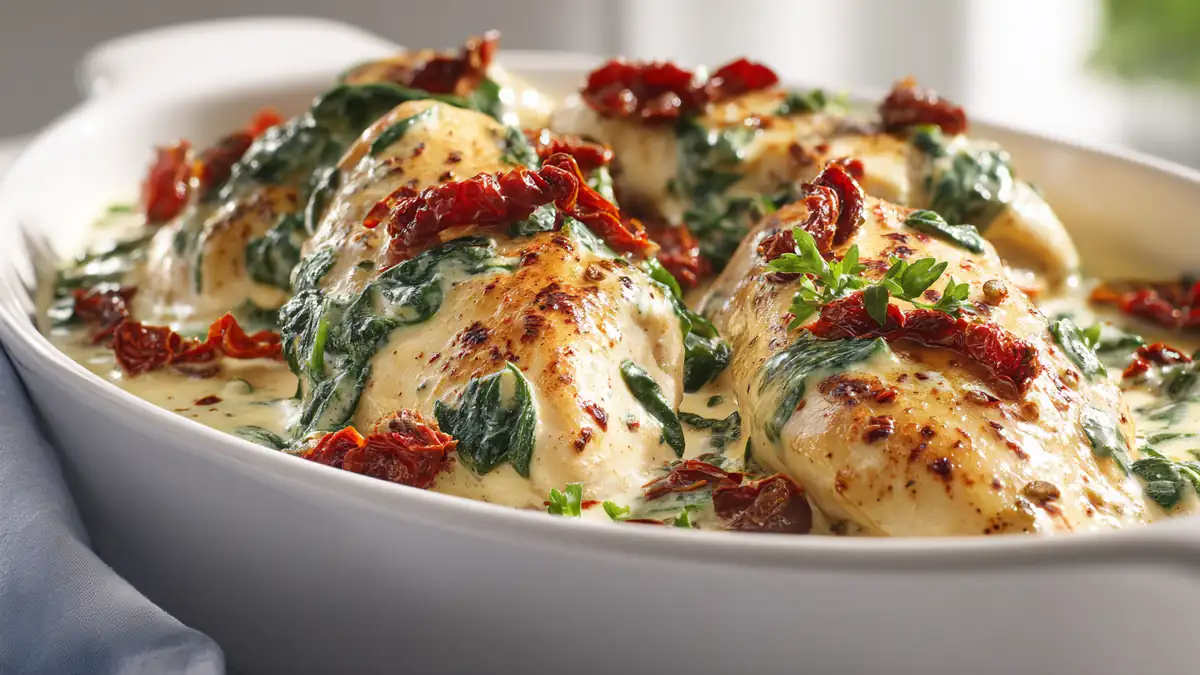 Creamy Crockpot Tuscan Chicken with tender chicken breasts, sun-dried tomatoes, spinach, and parmesan in a white baking dish.