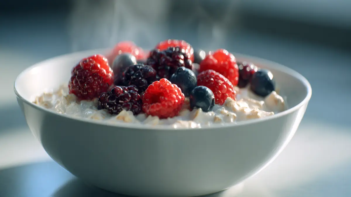 Creamy berry protein oats topped with fresh mixed berries, served warm in a white bowl for a quick, healthy, high-protein breakfast.
