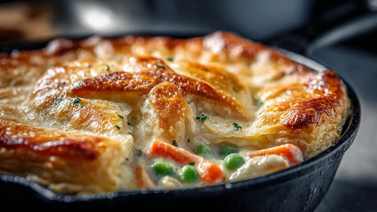 Golden, flaky chicken pot pie in a cast-iron skillet with creamy chicken and vegetable filling under a puff pastry crust.