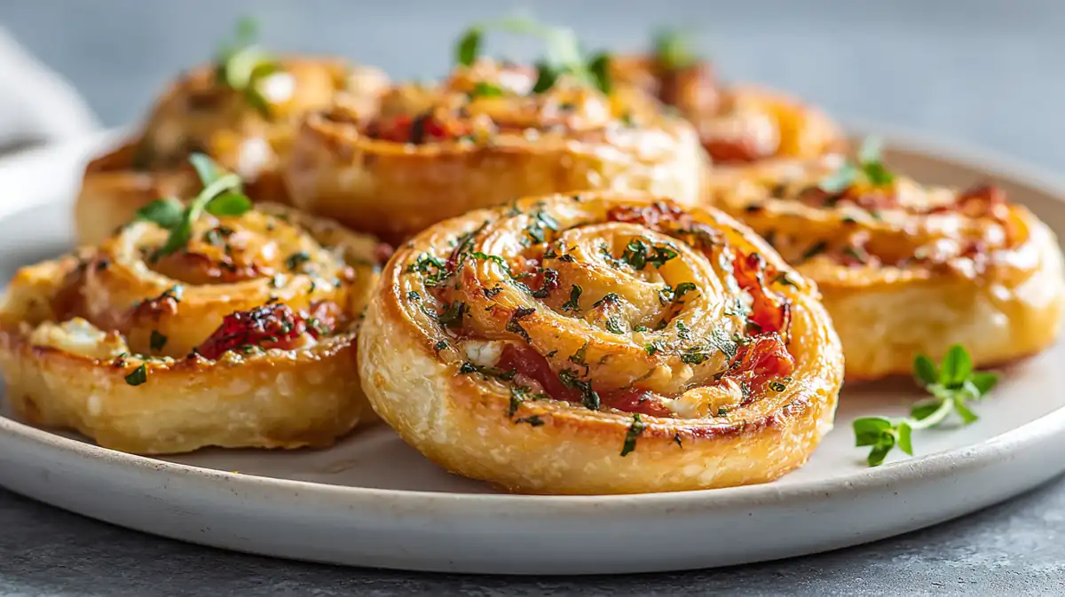Flaky golden tomato feta pinwheels on a white plate, filled with herbs and cheese—an easy gameday appetizer.