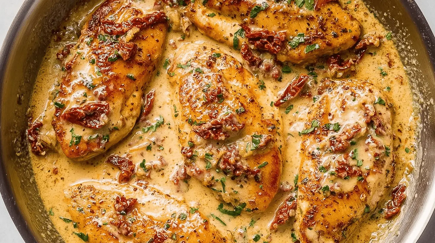 Close-up of a vibrant marry me chicken recipe, featuring golden-brown chicken breasts simmering in a rich creamy sauce with sun-dried tomatoes and fresh herbs in a metallic pan.