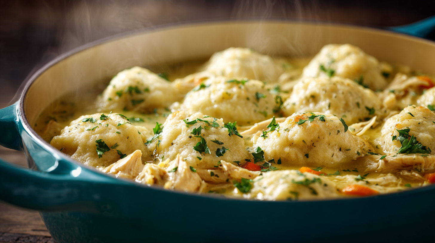 Hearty homemade chicken and dumplings in teal Dutch oven with creamy broth and fresh parsley